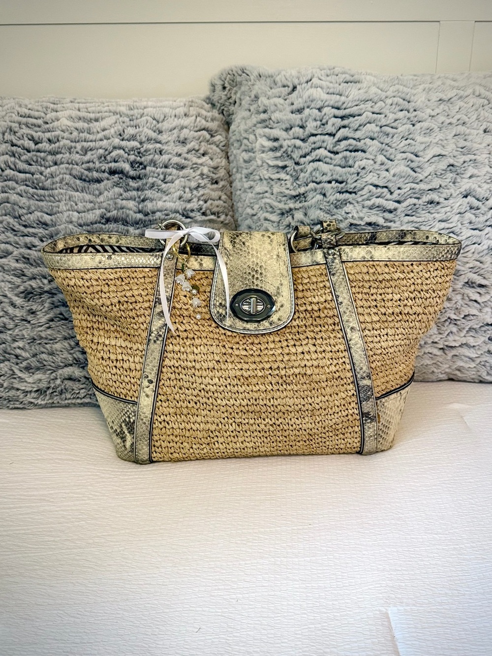 Coach Straw Tote with Snakeskin-Trim - Natural Tan